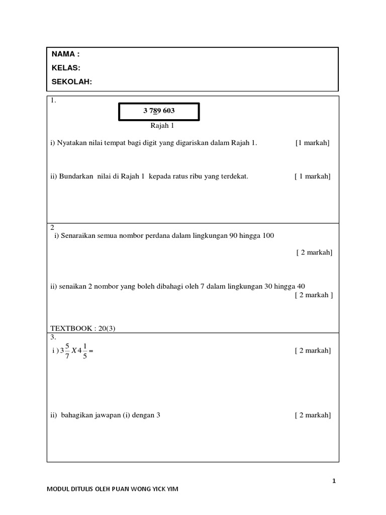 Soalan Matematik Tahun 6 Format Baharu Pdf