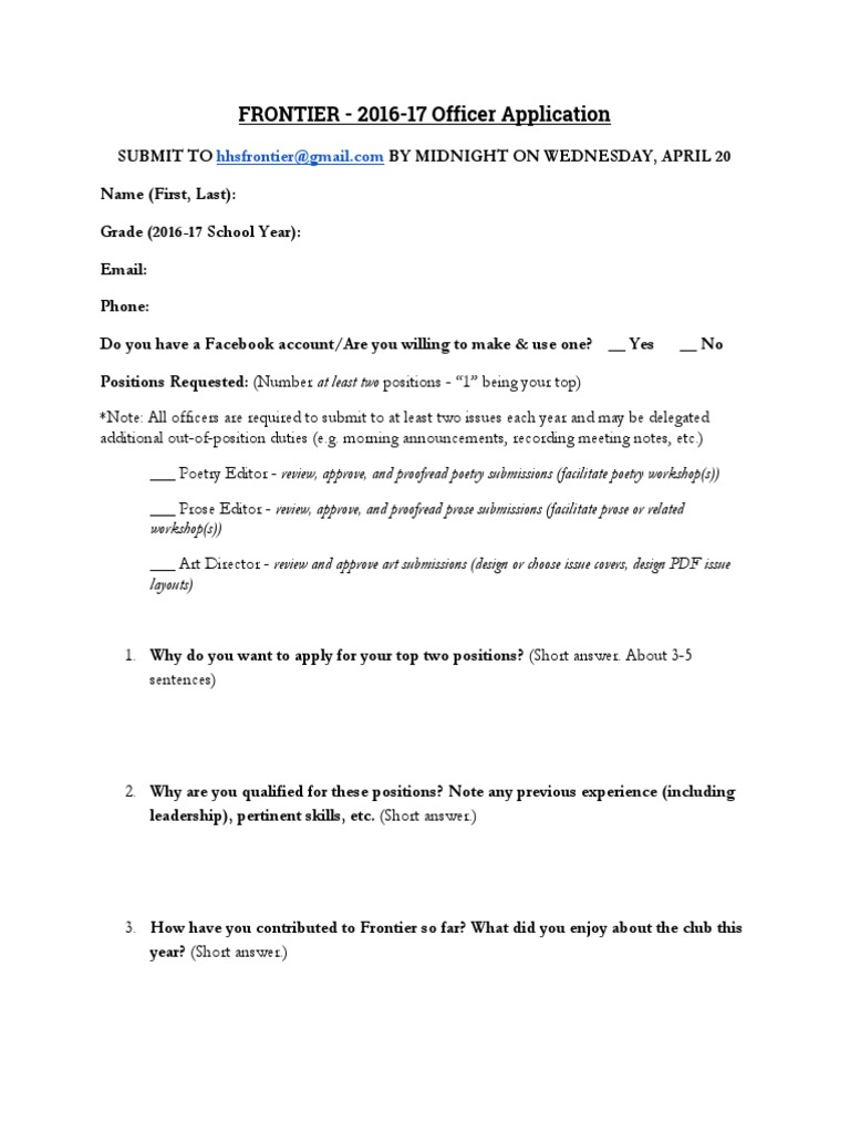 2016-17 Frontier Officer Application | PDF