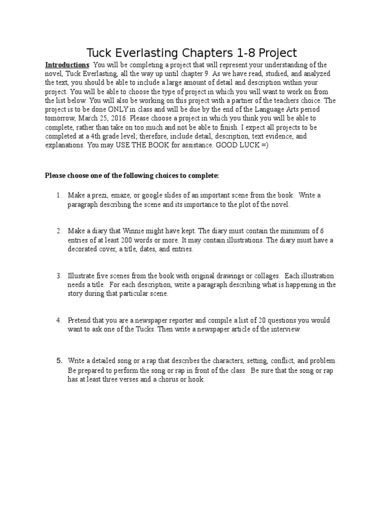 Tuck Everlasting Project Guidelines | PDF