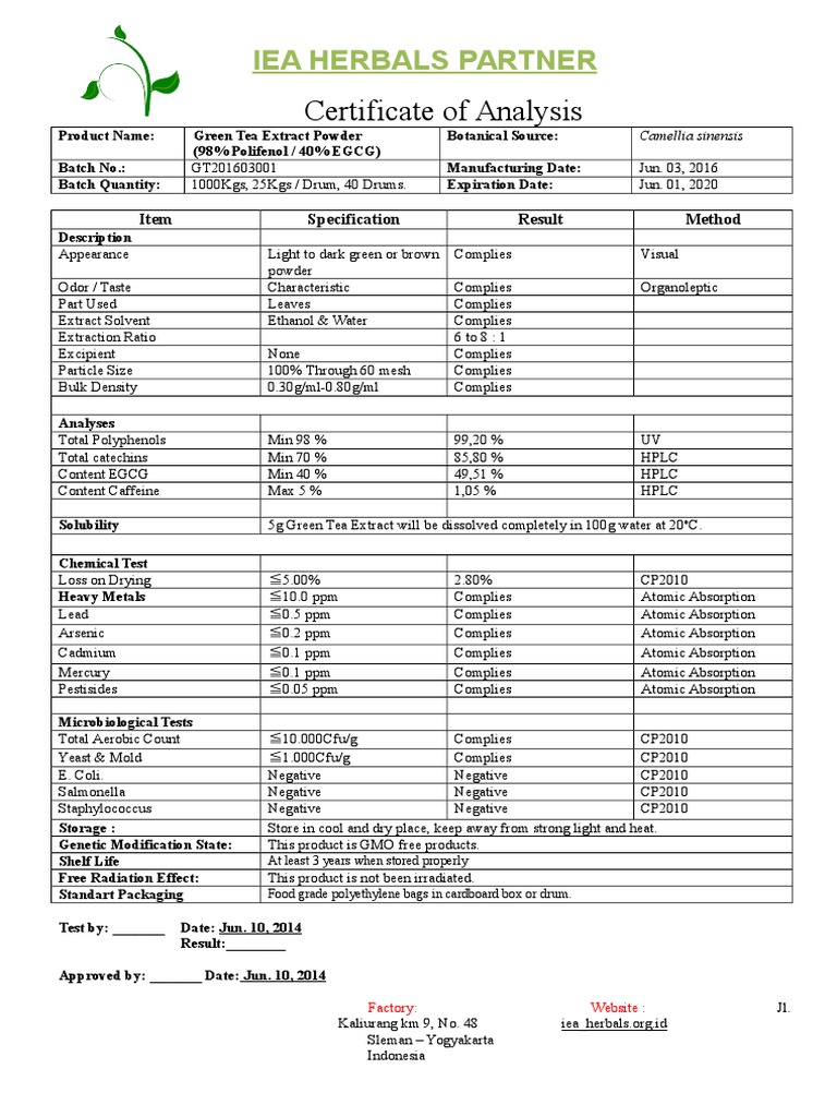 COA Green Tea Exctract PDF