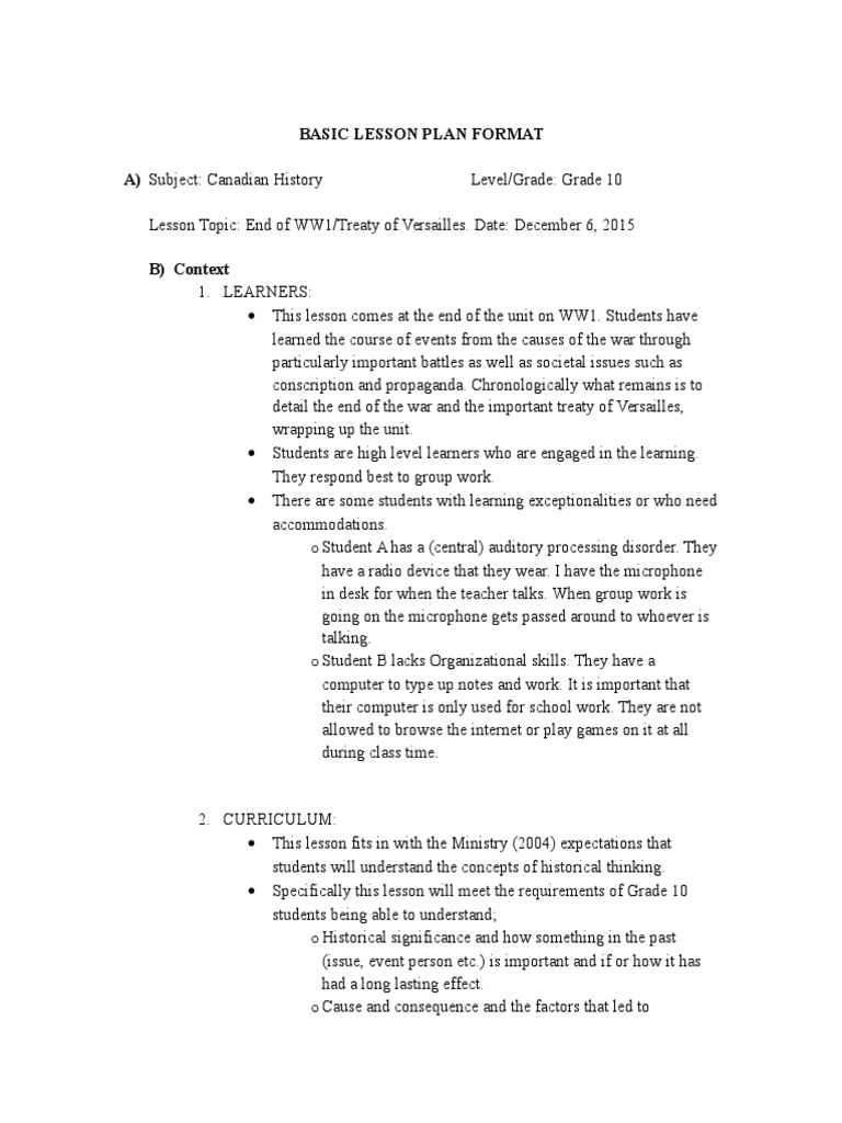 Grade 10 Canadian History Lesson Plan | PDF | Individualized Education ...
