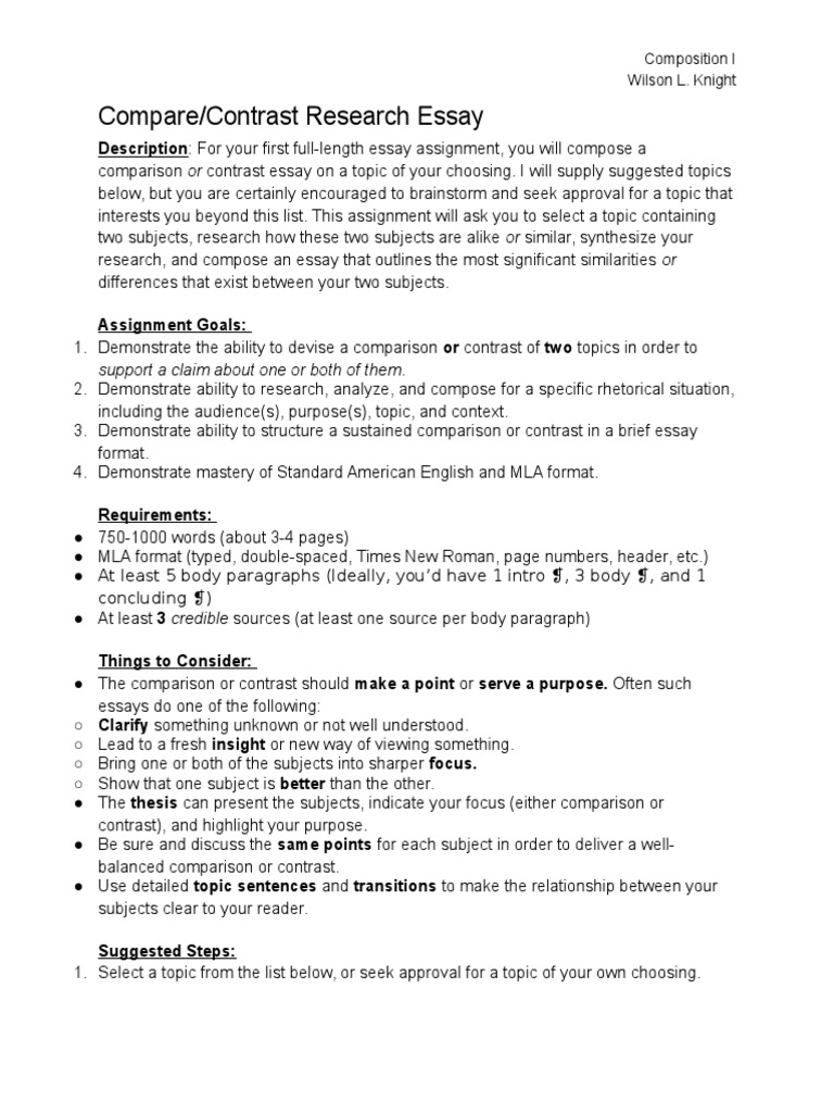 compare and contrast essay assignment sheet