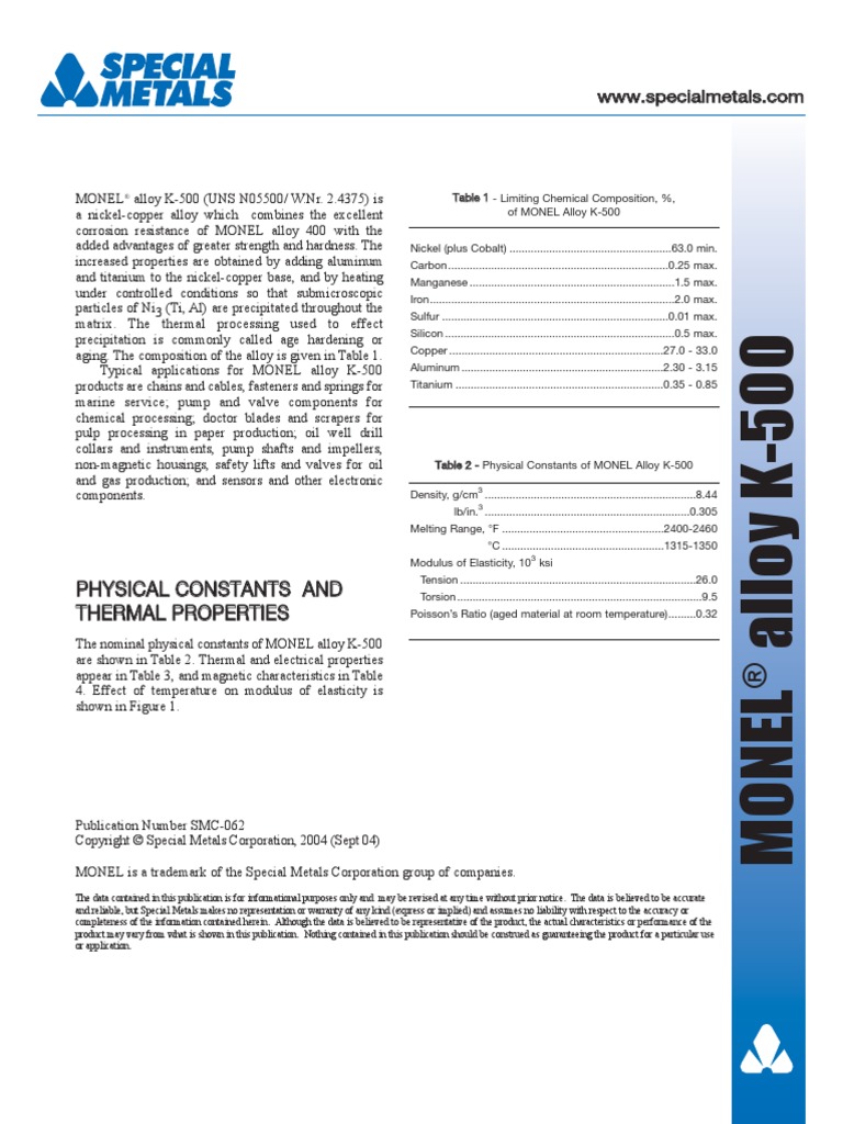 Monel Alloy k 500 Strength Of Materials Annealing (Metallurgy)