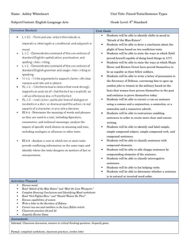 8th grade unit plan | Sentence (Linguistics) | Educational Assessment