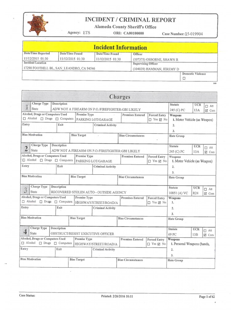 Alameda County Sheriff Incident Report  PDF