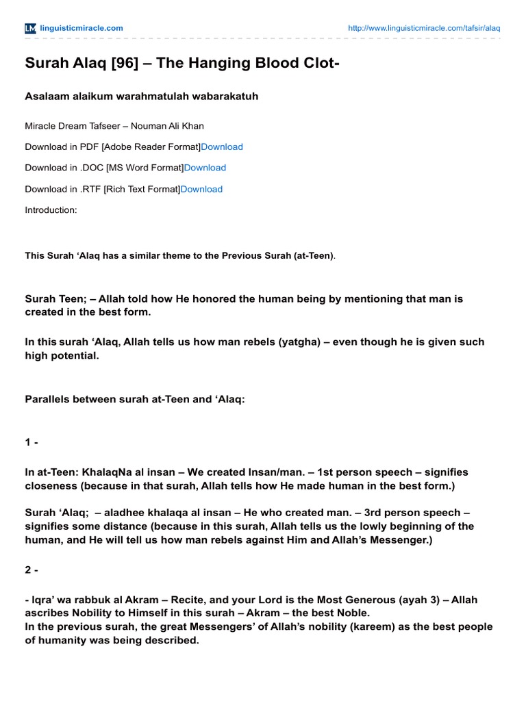 Surah Alaq 96 The Hanging Blood Clot | PDF | Muhammad | Prophets And ...