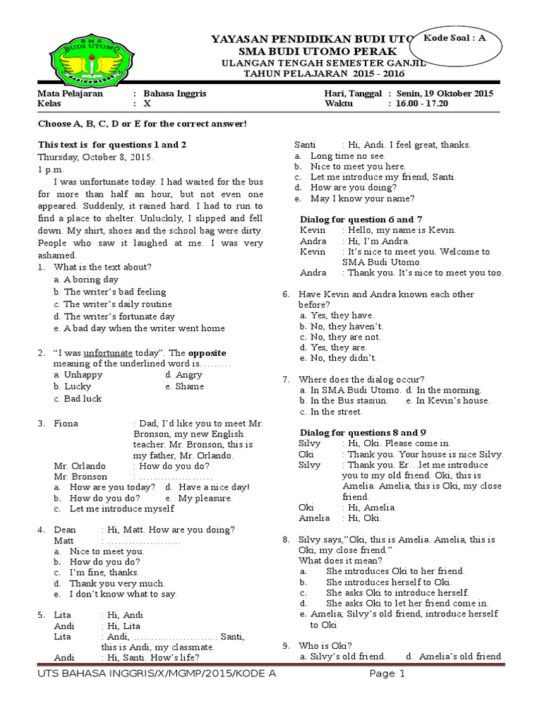 UTS Bahasa Inggris kelas X semester 1