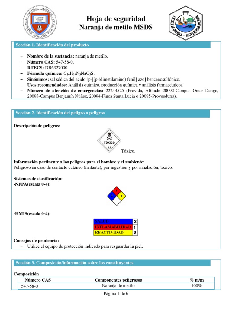 Hoja de Seguridad Del Naranja de Metilo PDF Residuos Gestión de residuos