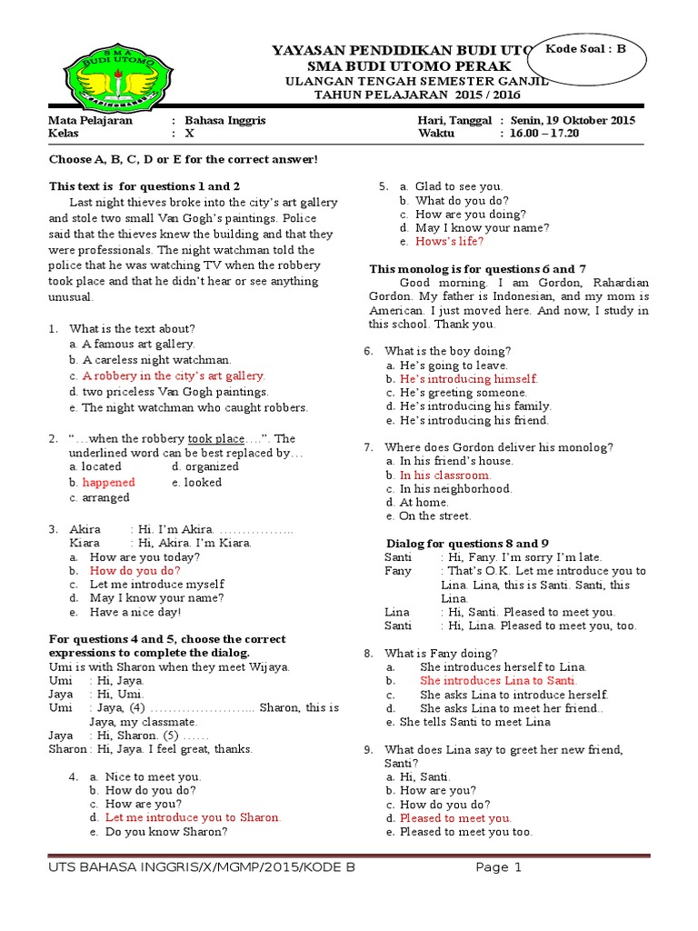 soal essay test bahasa inggris kelas 10 semester 1