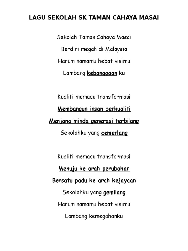 Lagu Sekolah Sk Taman Cahaya Masai Pdf
