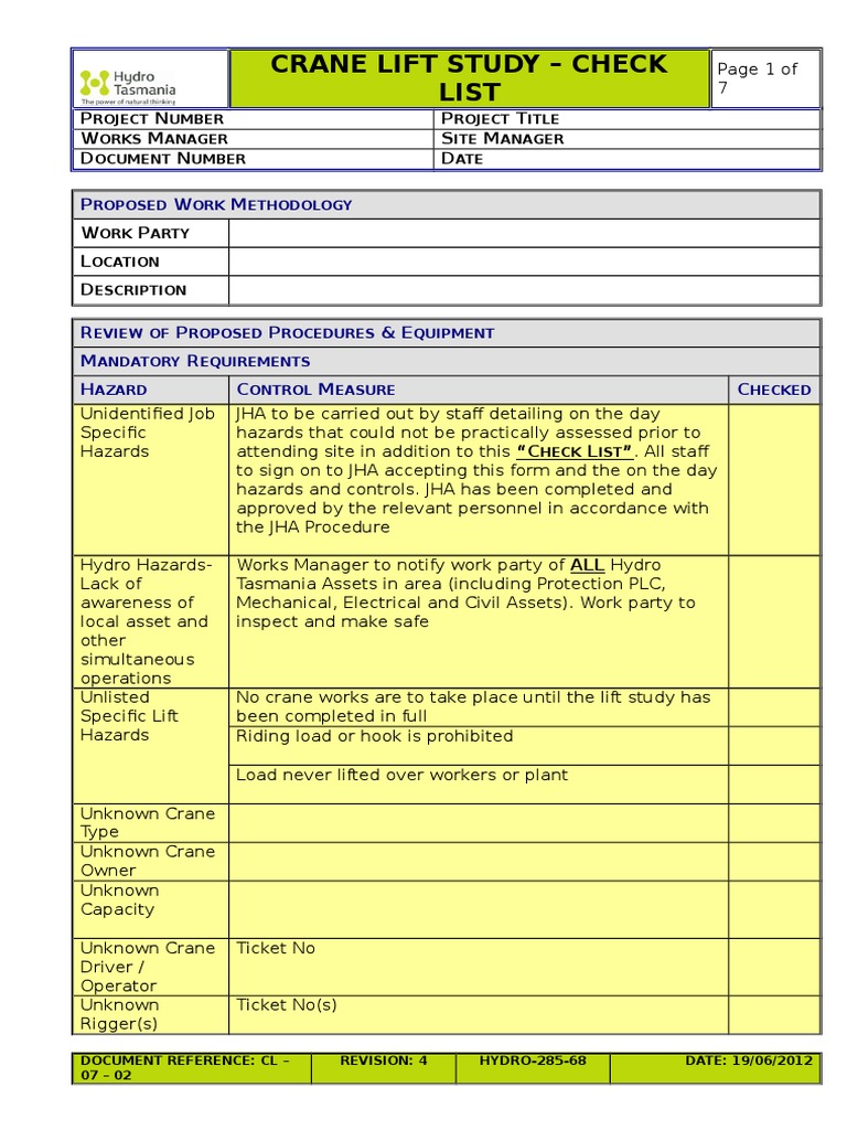 CL-07-02 Crane Lift Study Checklist | PDF | Crane (Machine) | Elevator