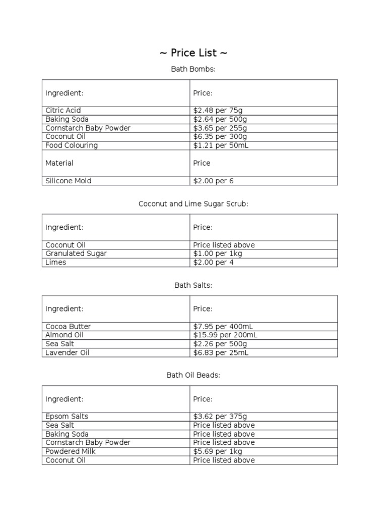 Bath Product Price List and Ingredients | PDF | Cooking, Food & Wine