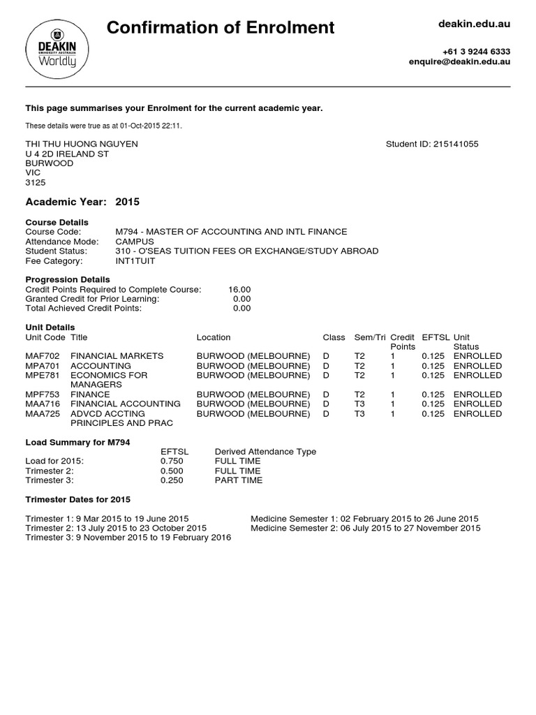 Deakin University Enrolment Confirmation | PDF