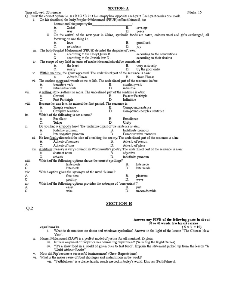 English Grammar Model Chart Paper 
