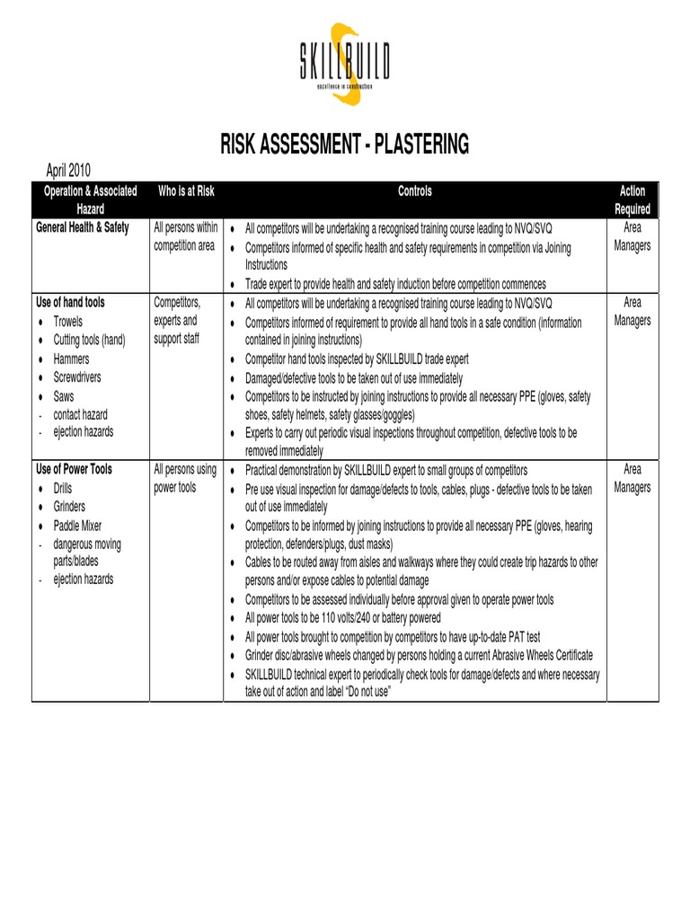Plastering Risk Assessment Guidelines | PDF | Personal Protective ...