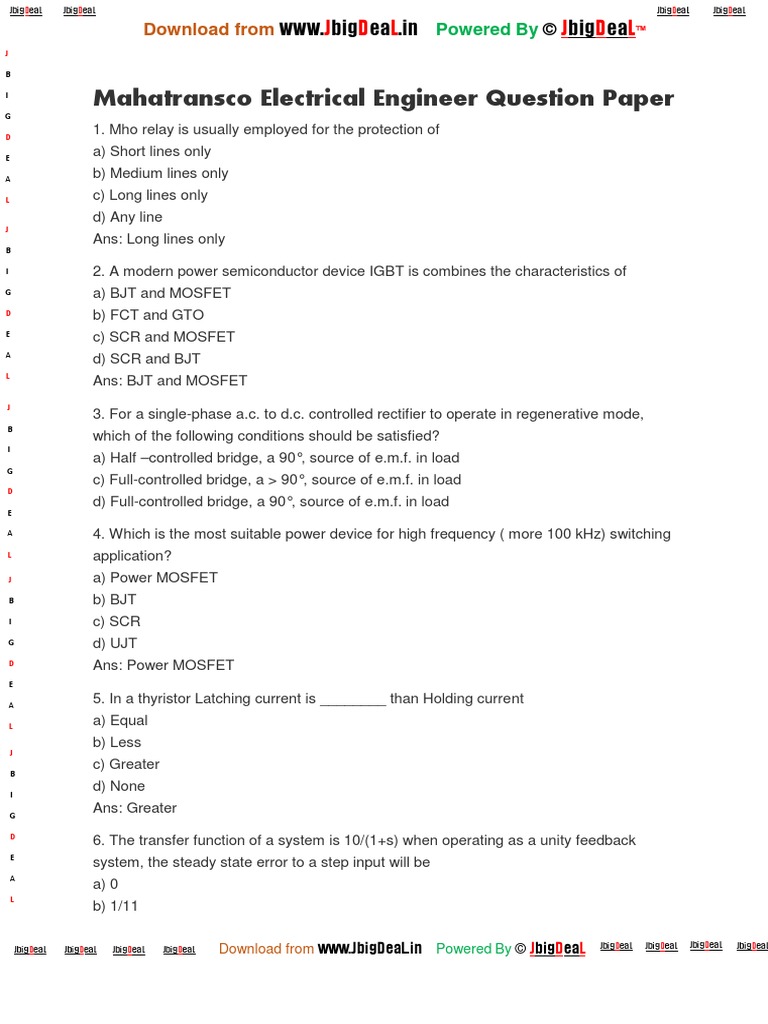 Mahatransco Electrical Engineer Question Paper Capacitor Transformer
