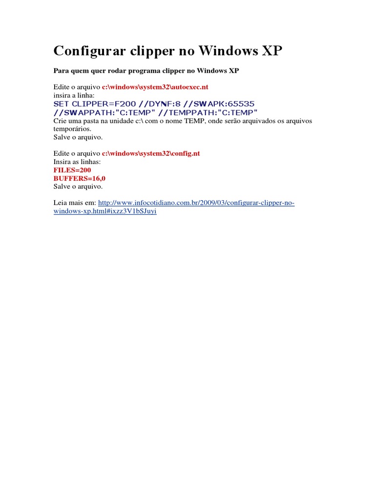 Configuração do Clipper no Windows XP | PDF