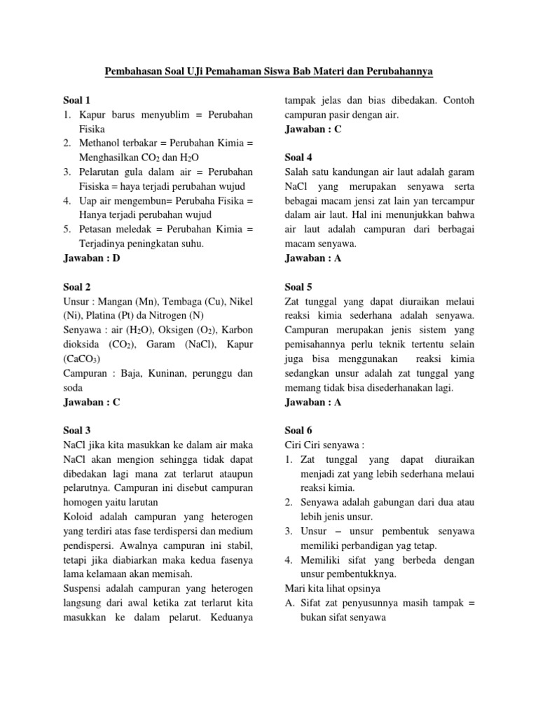 Pembahasan Soal Latihan Uji Pemahaman Materi Dan Perubahannya