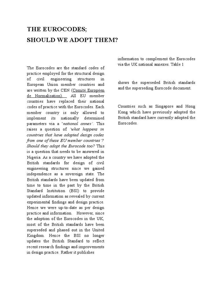 The Eurocodes Should We Adopt Them?: Comité Européen de Normalisation ...