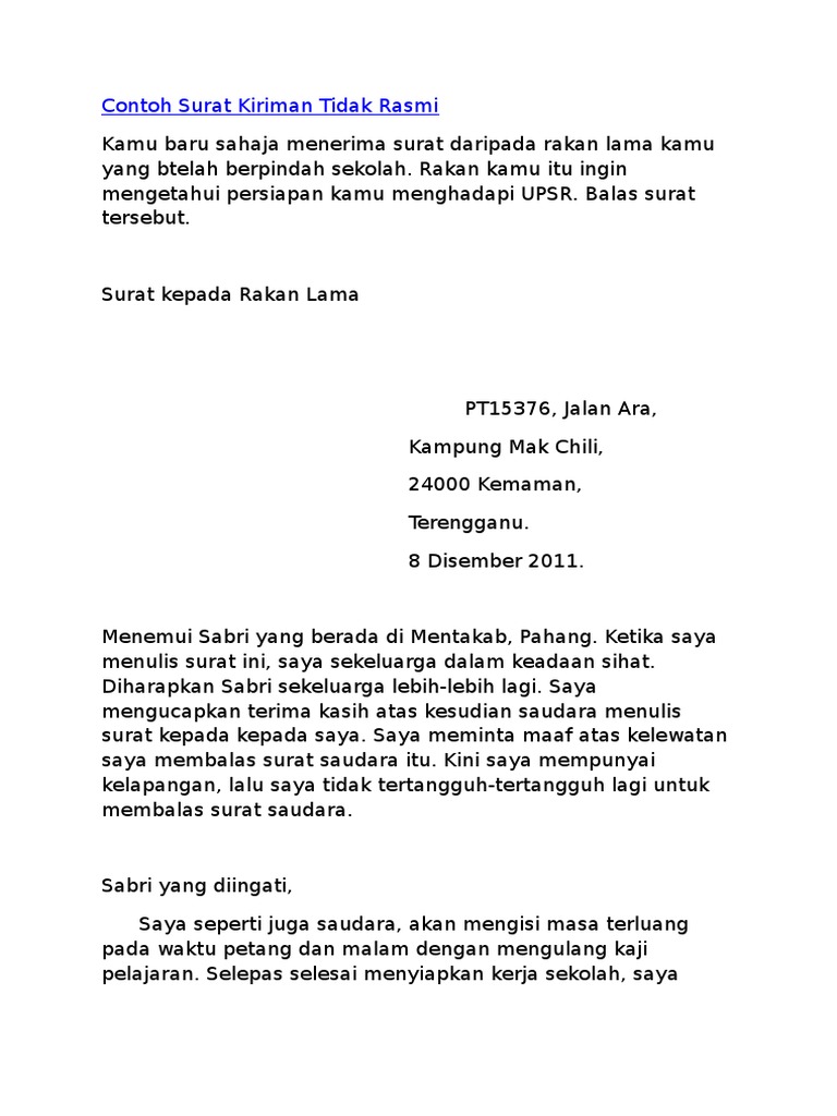 Contoh Surat Tidak Rasmi Kepada Kawan Upsr Pdf