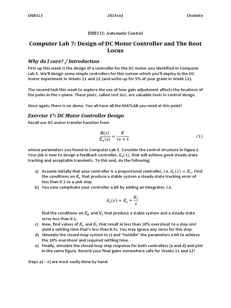 Computer Lab 7: Design of DC Motor Controller and The Root Locus | PDF ...
