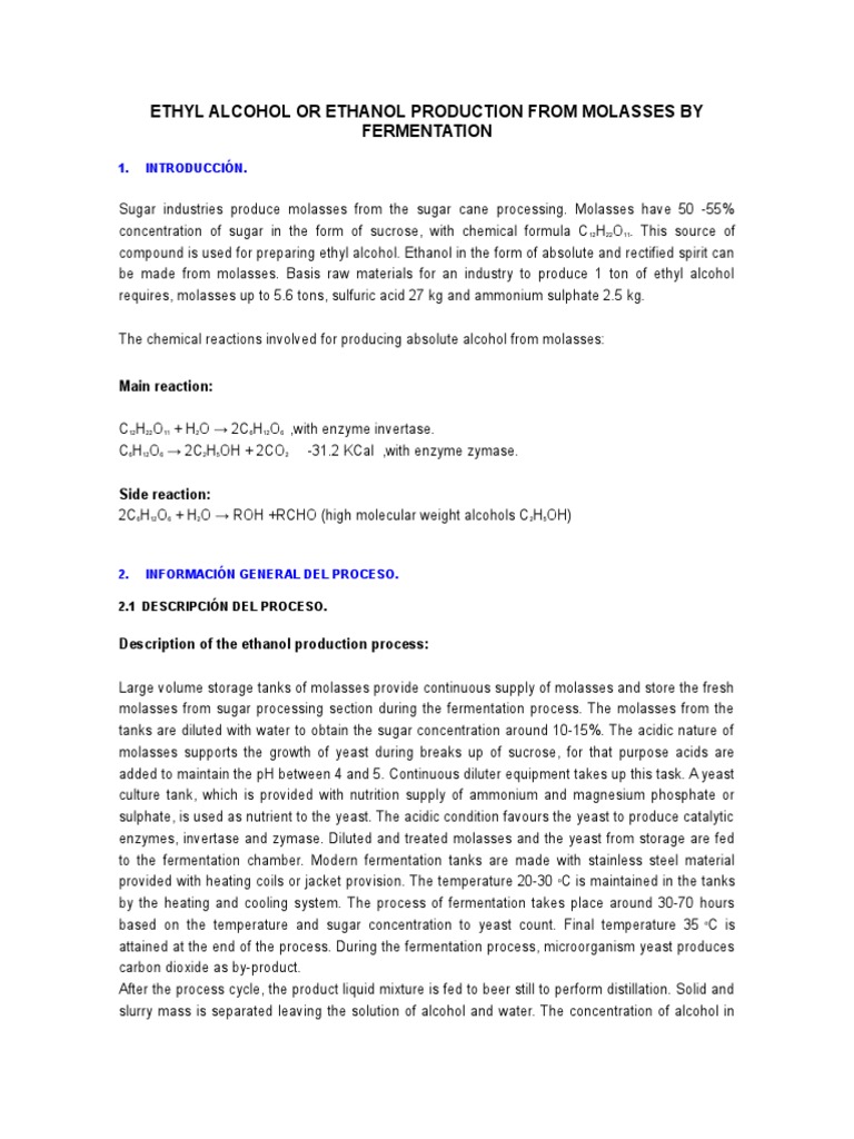 Ethanol Production from Molasses Process | PDF | Ethanol | Yeast