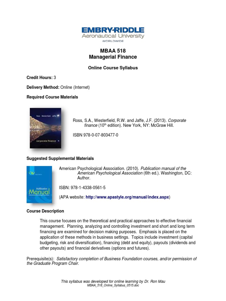 MBAA 518 Managerial Finance Syllabus | PDF | Valuation (Finance) | Net ...