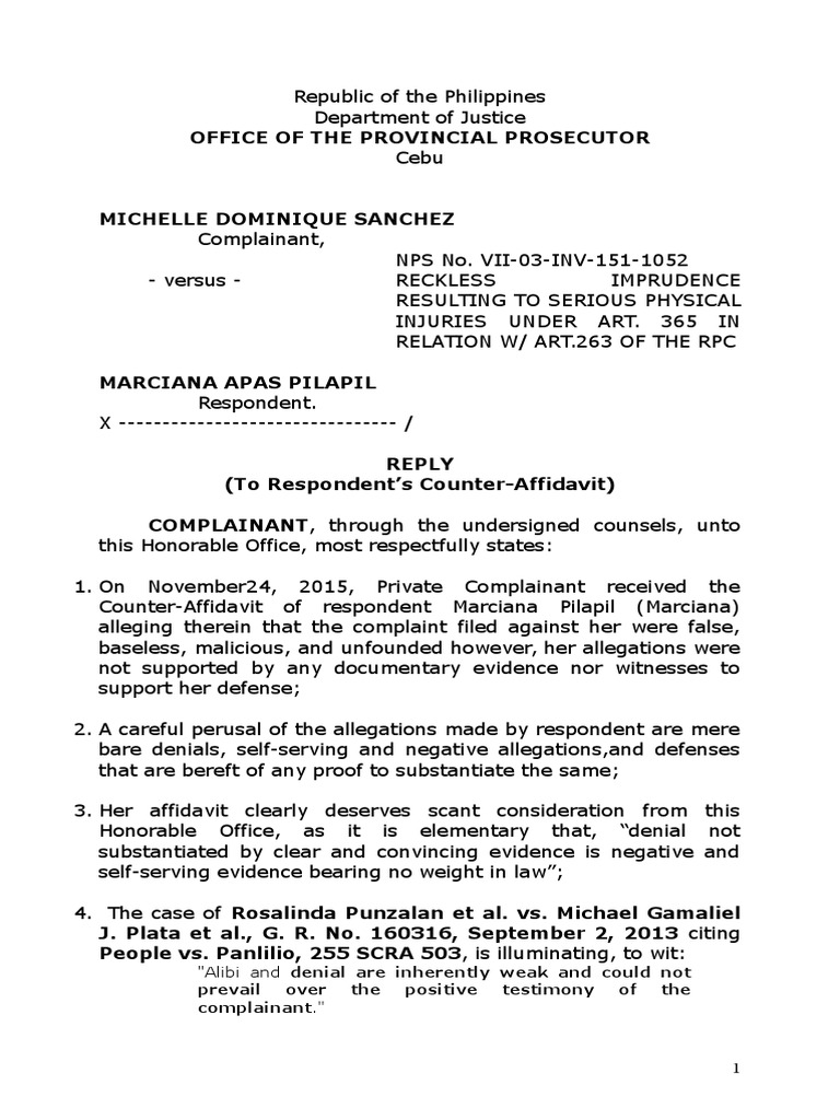 Reply Affidavit For Reckless Imprudence Prosecutor Crime Violence