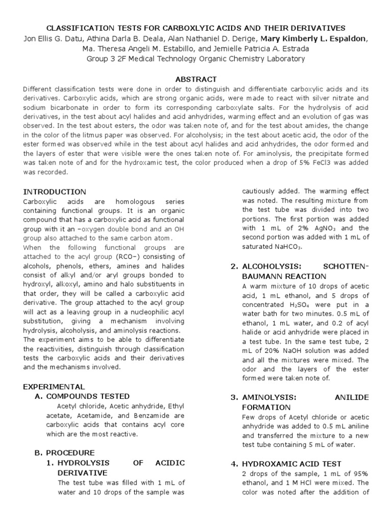 Hydroxamic Acid Tests For Derivatives Pdf Functional Group Ester 
