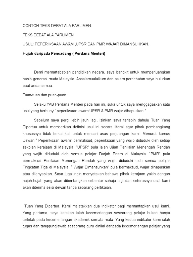 Contoh Teks Debat Ala Parlimen Pemansuhan Peperiksaan Pdf