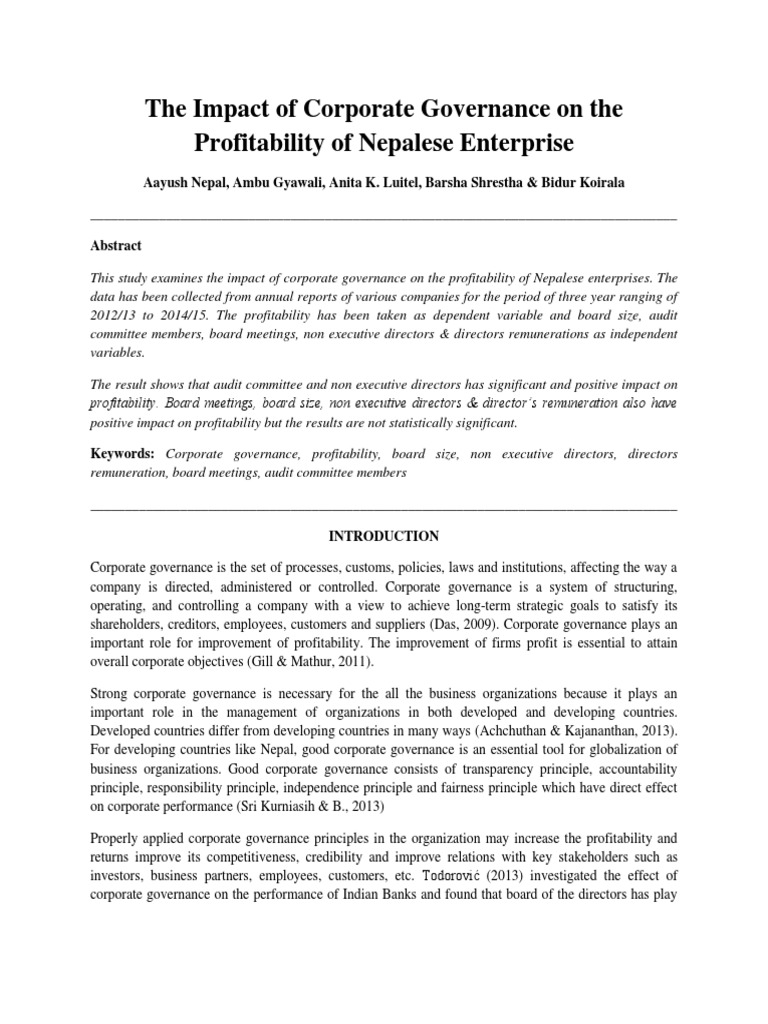 The Impact of Corporate Governance On The Profitability of Nepalese ...