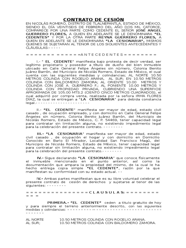 Contrato Cesión de Derechos Posesión (Derecho) Propiedad