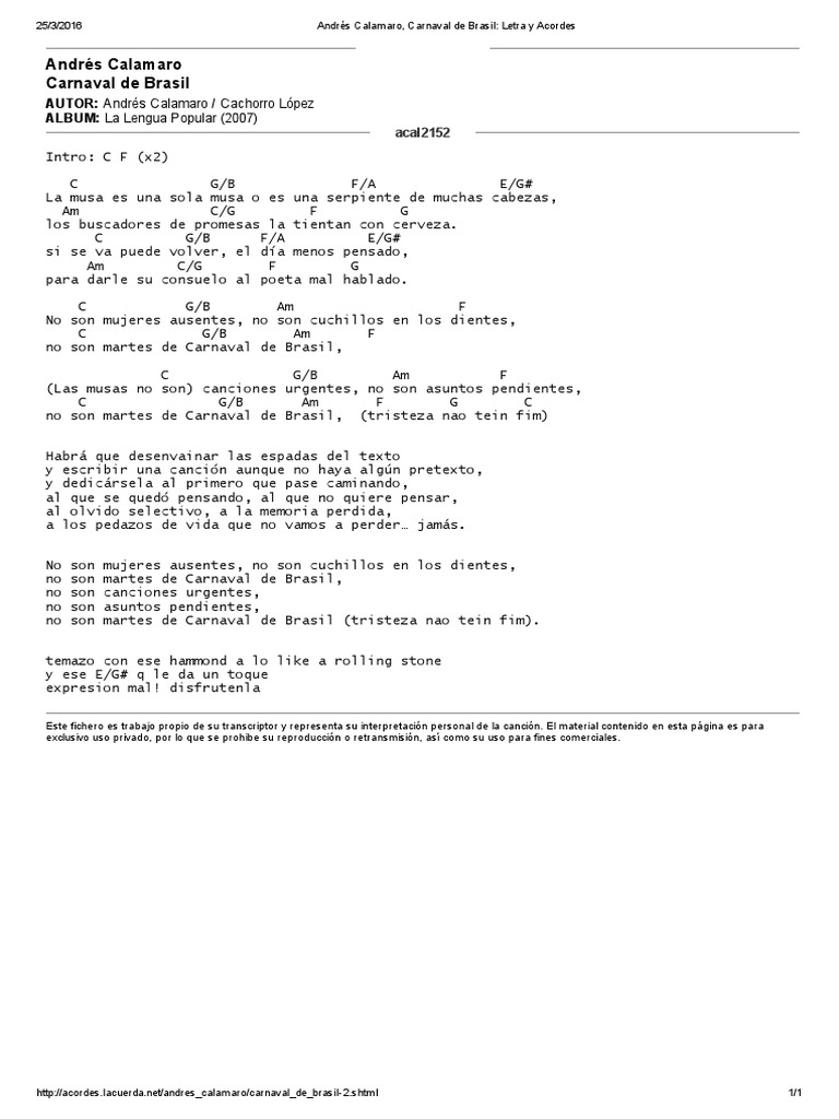 Andrés Calamaro, Carnaval de Brasil Letra y Acordes PDF