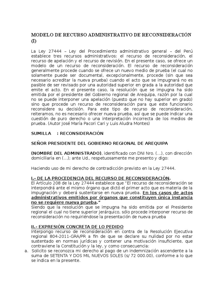 Modelo de Recurso Administrativo de Reconsideración | PDF | Estrés  (biología) | Derecho laboral