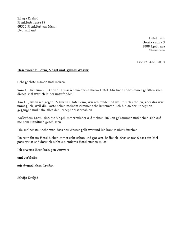 [35+] Beispiel Brief Beschwerde Hotelzimmer