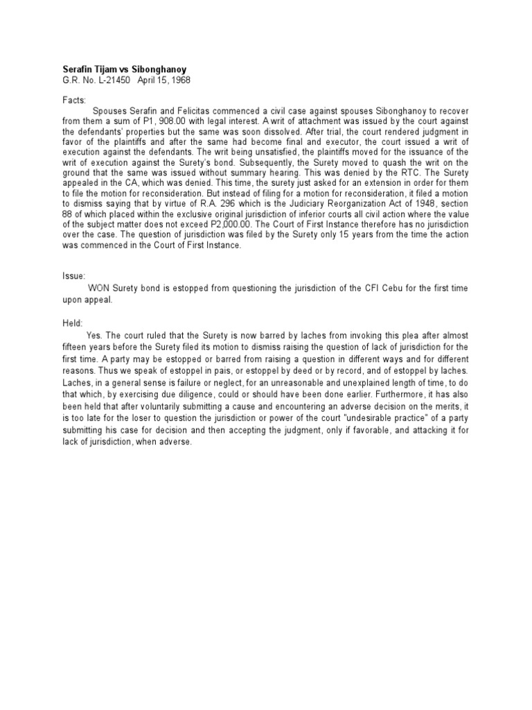 Serafin Tijam Vs Sibonghanoy PDF Estoppel Laches (Equity)