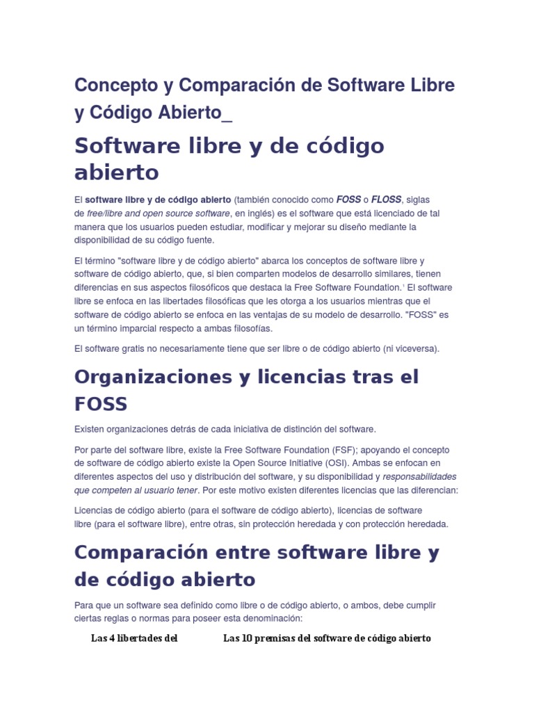 Concepto y Comparación de Software Libre y Código Abierto | PDF ...