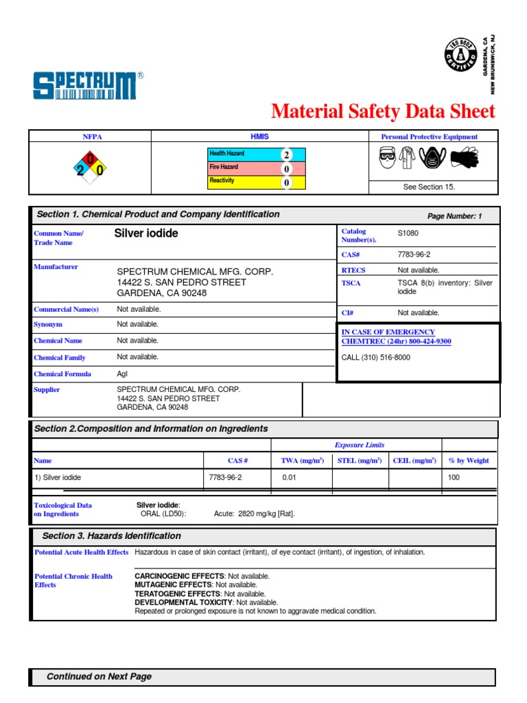 Silver Iodide MSDS Sheet PDF Toxicity Personal Protective Equipment