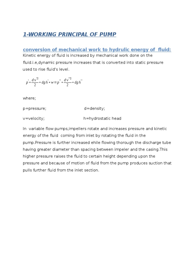 1Working Principal of Pump Conversion of Mechanical Work To Hydrulic