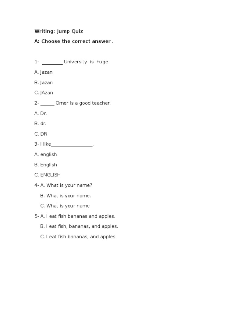 Writing: Jump Quiz A: Choose The Correct Answer | PDF