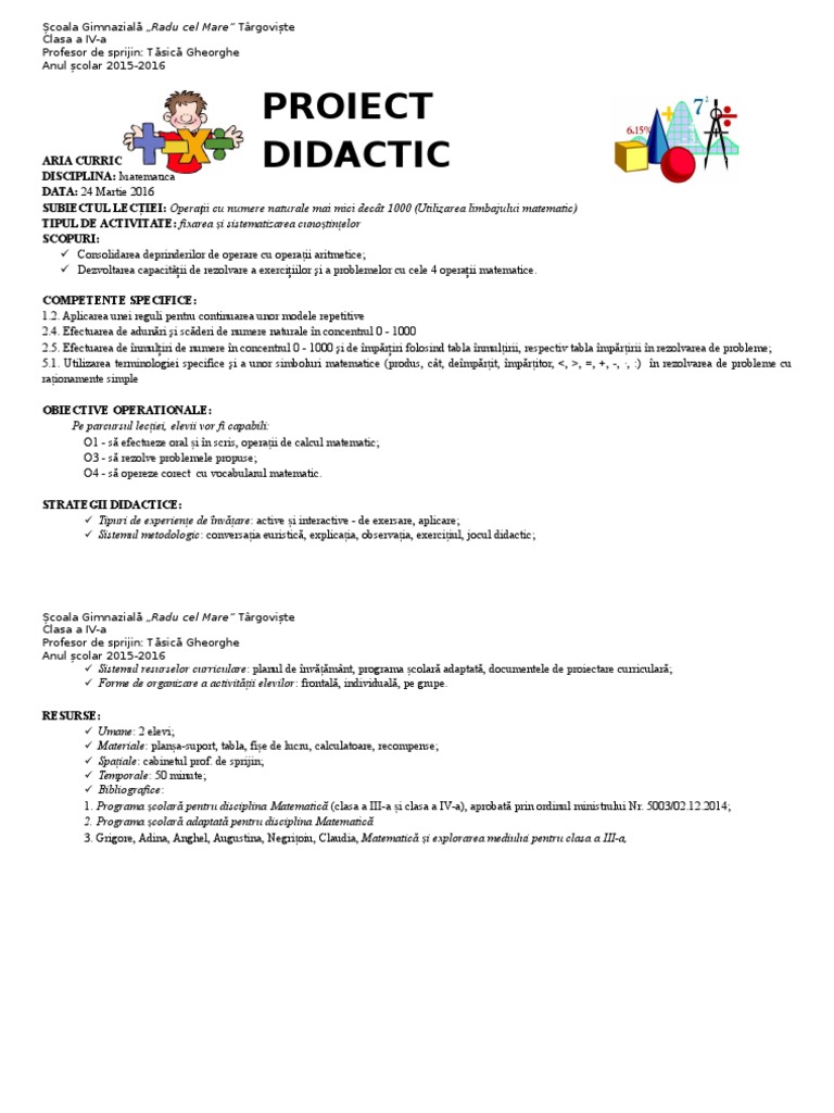 Mem 3 Proiect Didactic Operații Aritmetice Doc