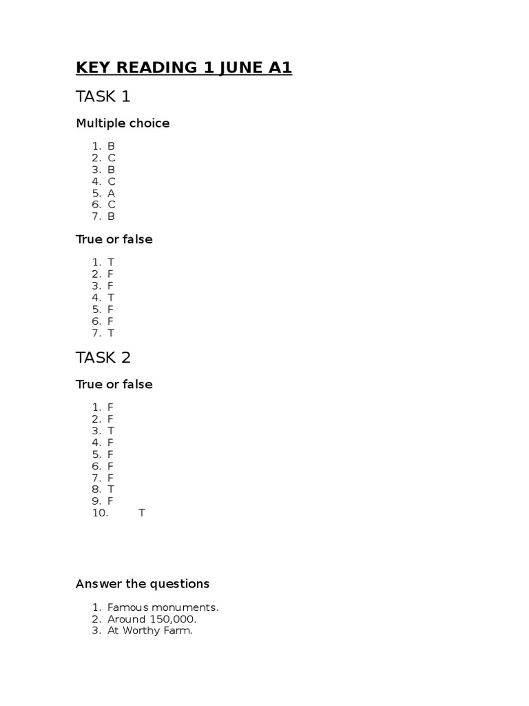 June A1 Key Reading Answers | PDF