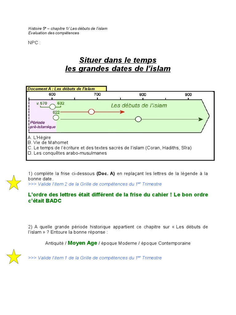 Chrétientés Et Islam Des Mondes En Contact évaluation 5ème Pdf Histoire 5e - Evaluation Sur Le Chapitre 1 Correction | PDF | Mosquée |  Mahomet