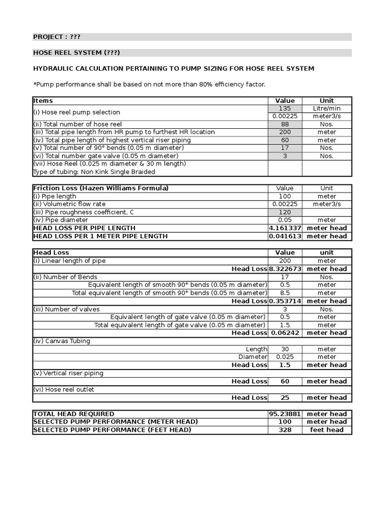 Hydraulic Calculation for Sizing a 135 Litre per Minute Pump for a Three Hose Reel System with