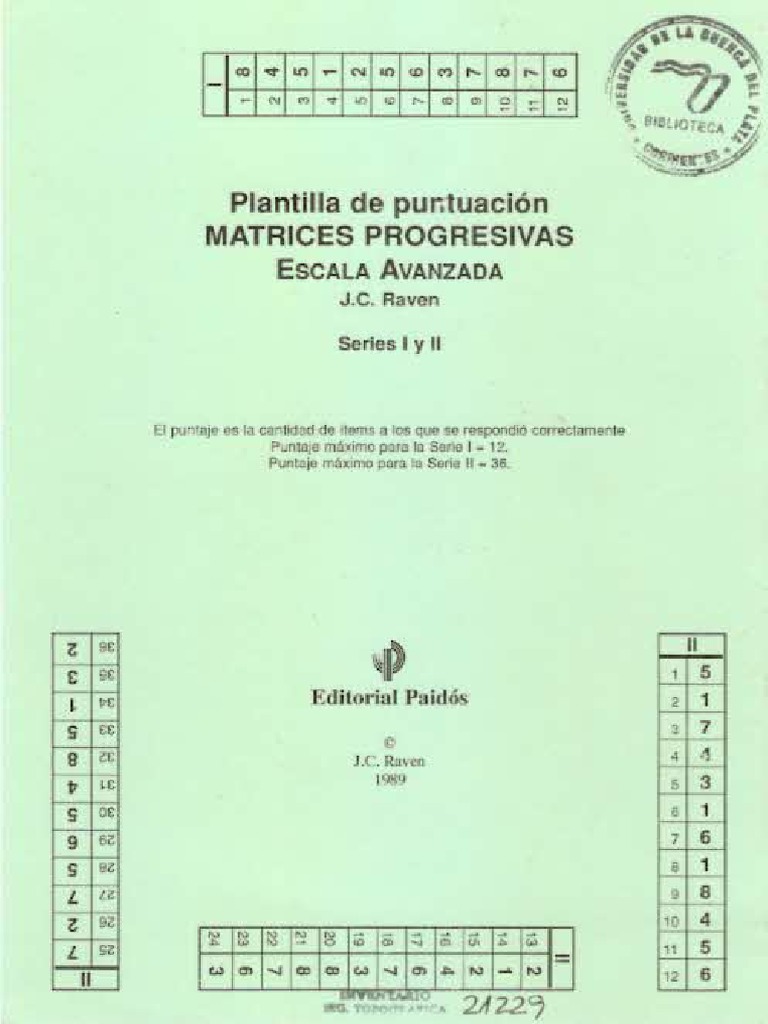 Planilla de Puntuación. Matrices Progresivas. Escala Avanzada