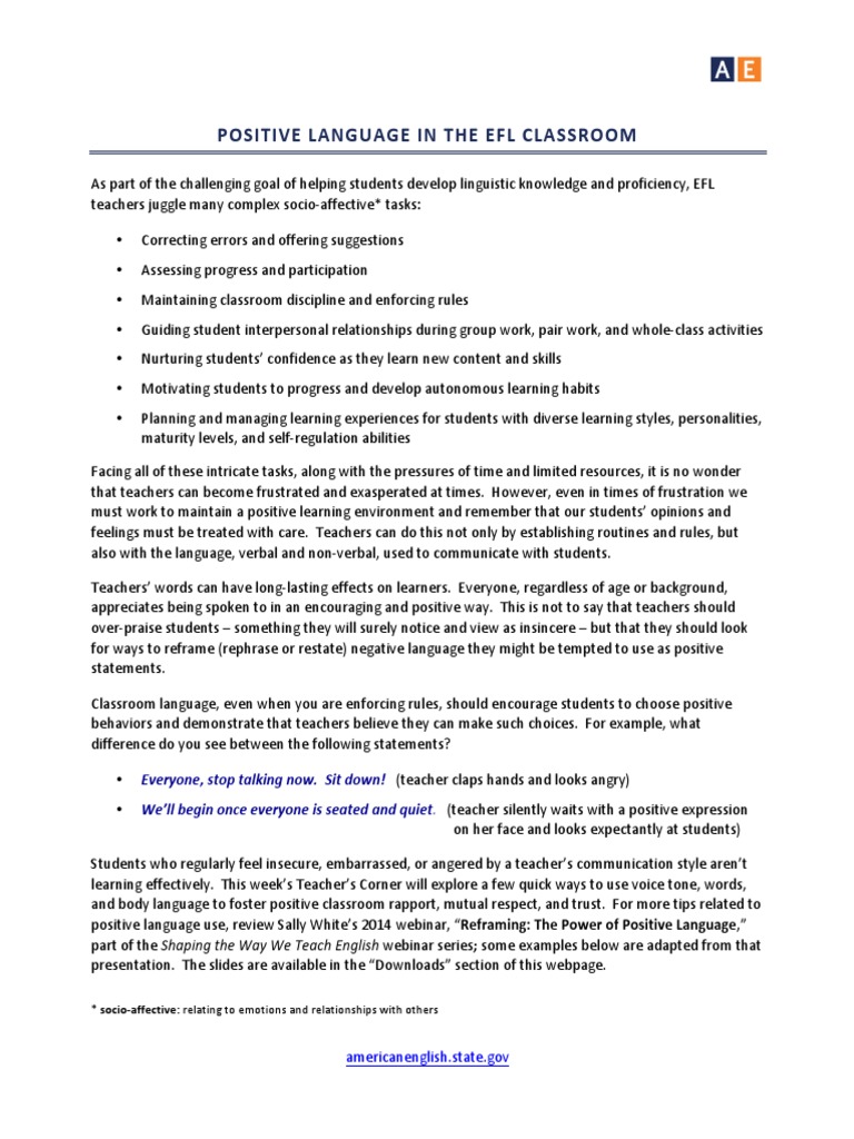 Positive Language in EFL Teaching | PDF | Behavioural Sciences | Human ...