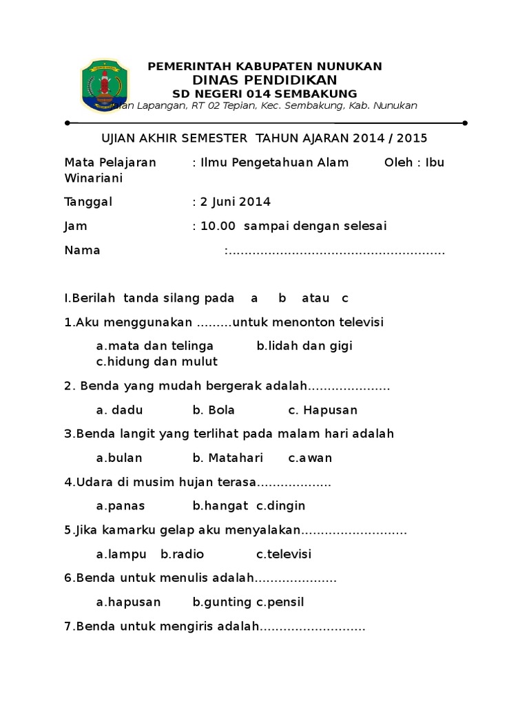 Soal Soal Ujian Ipa Kelas 1 Sd
