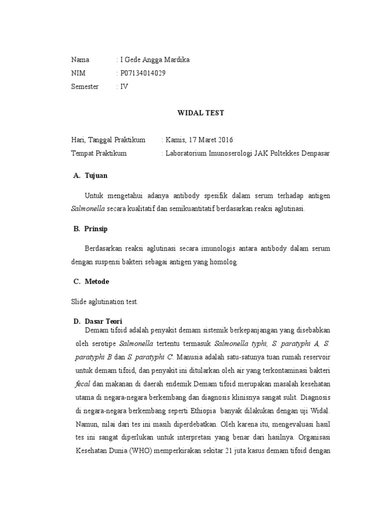 Widal Test Report Format : Widal Test Procedure, Principle, and Results ...
