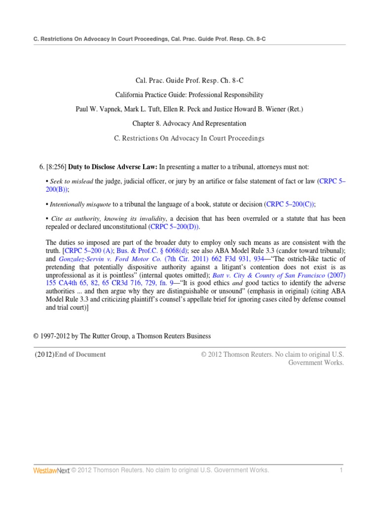 Adverse/Contrary AuthorityDuty To Disclose Attorney Ethical Standards