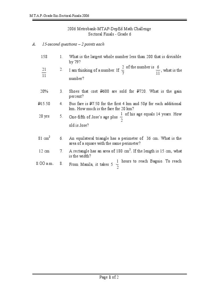 Grade 6 Math Challenge Finals | PDF | Elementary Mathematics ...